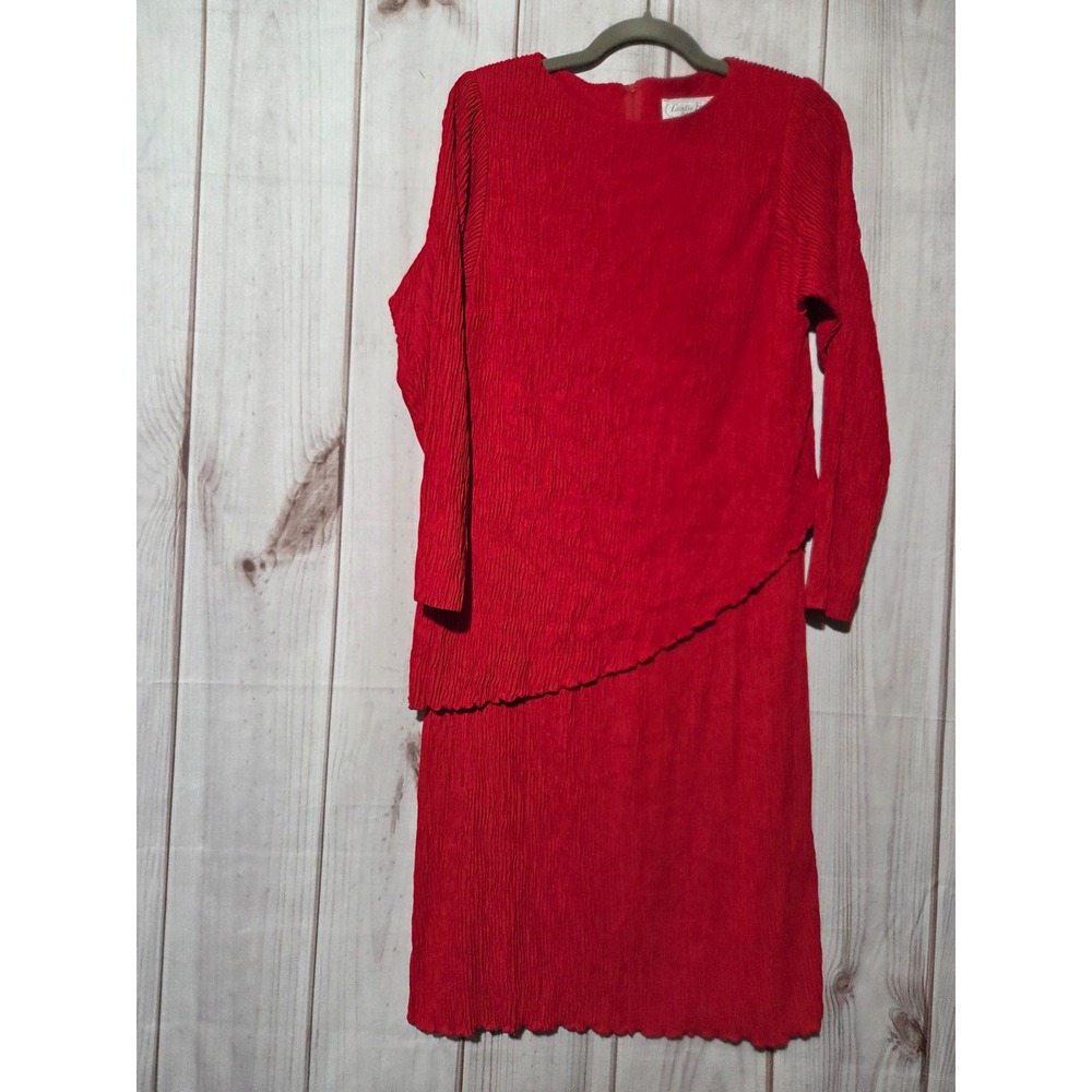 Vintage Leslie Fay Petites Red Crinkle Texture Asymmetric Layered Midi Dress 8